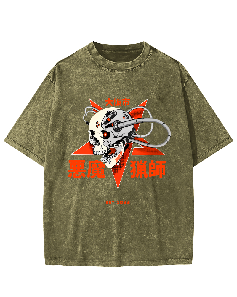 Japanese Style Demon Skull Pattern Vintage Distressed T-shirt-Zazasy