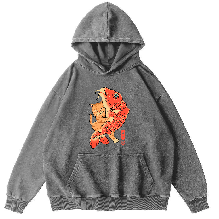 Cat Embracing Koi Fish Vintage Distressed Hoodie-Zazasy