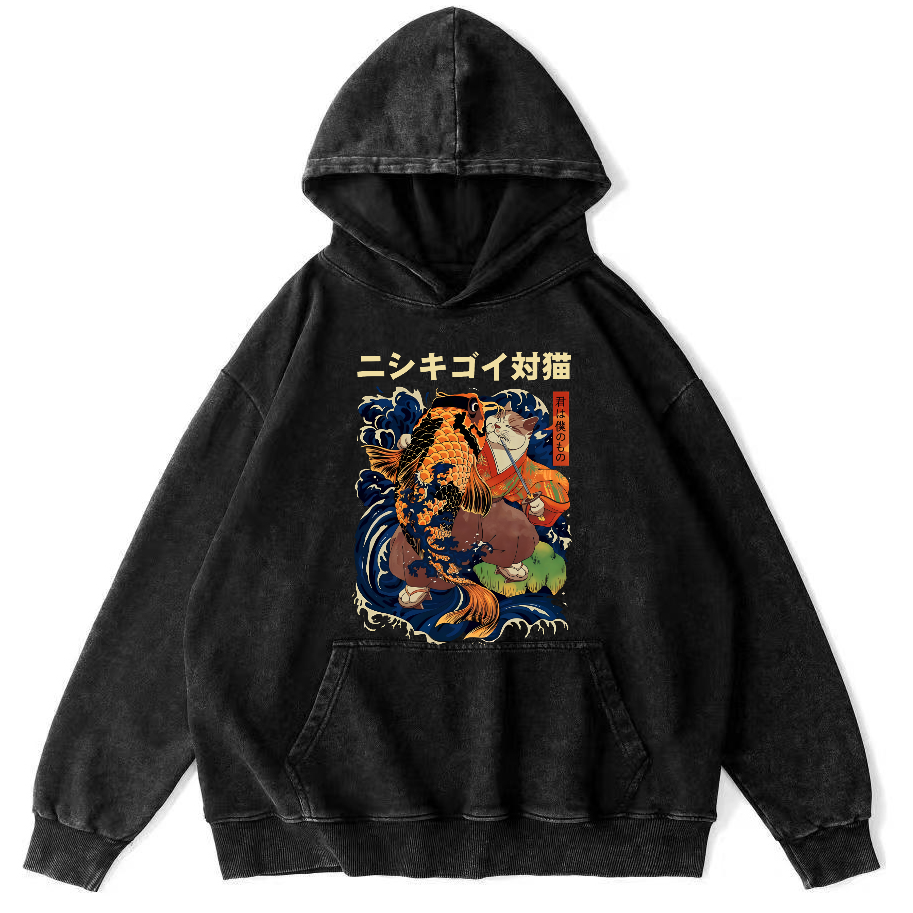 Koi and Cat Japanese Style Vintage Distressed Hoodie-Zazasy