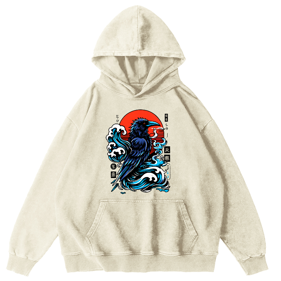 Crows In The Waves Vintage Distressed Hoodie-Zazasy