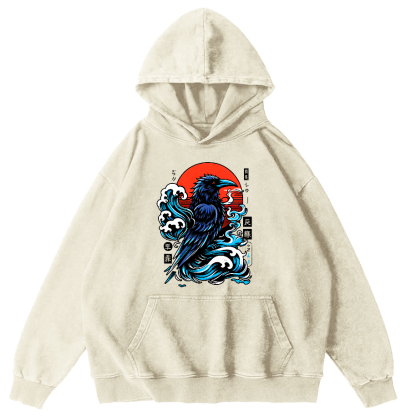 Crows In The Waves Vintage Distressed Hoodie-Zazasy