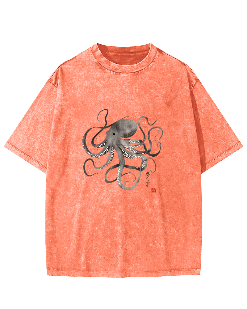 Japanese Octopus Pattern Vintage Distressed T-shirt-Zazasy