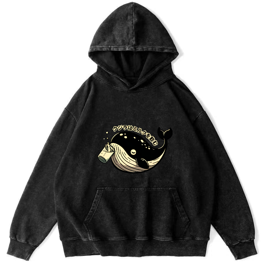 Japanese Whale Pattern Vintage Distressed Hoodie-Zazasy