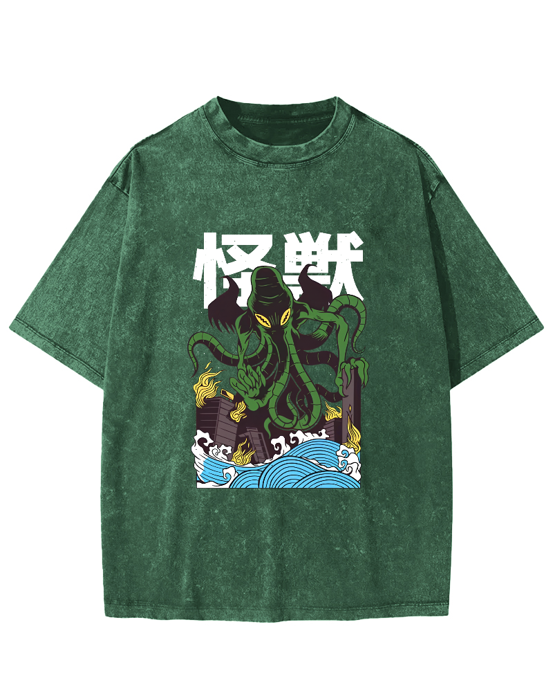 Japanese Octopus Pattern Vintage Distressed T-shirt-Zazasy