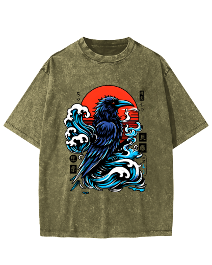 Crows in The Waves, Japanese Style Vintage Distressed T-shirt-Zazasy