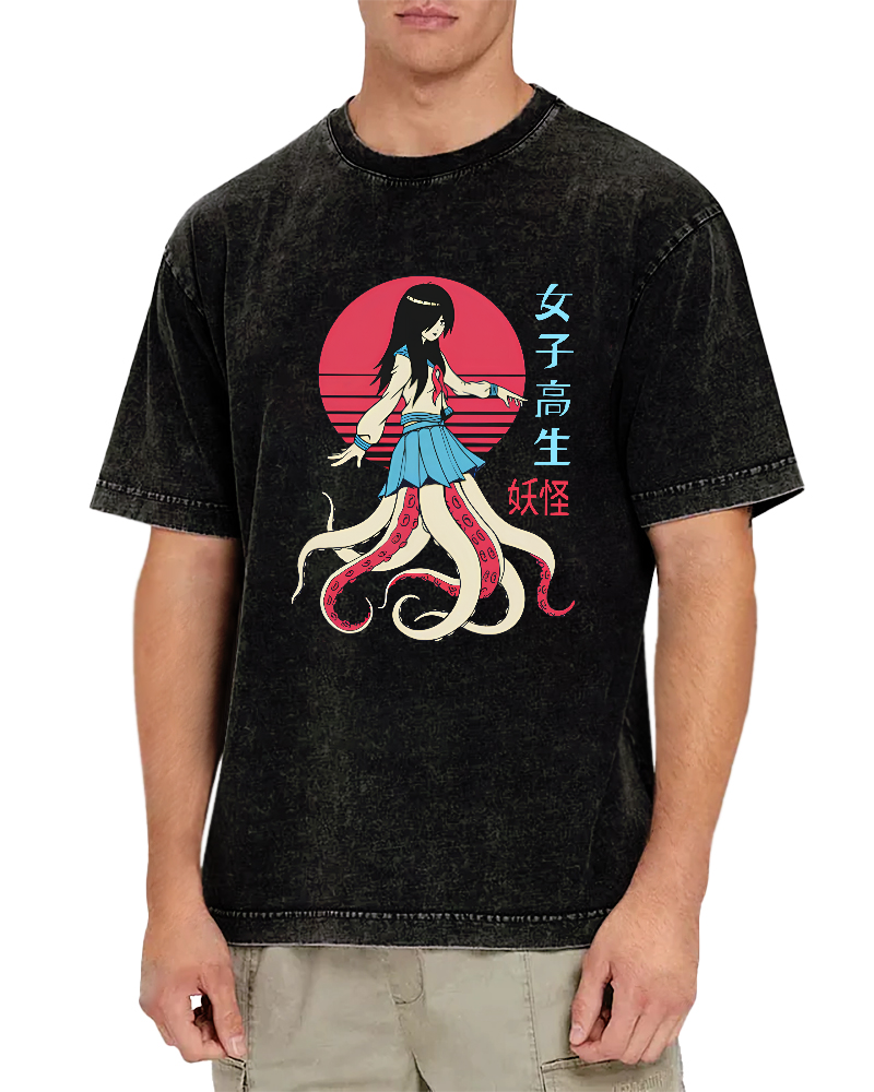 Abstract Octopus Character Japanese Style Vintage Distressed T-shirt-Zazasy