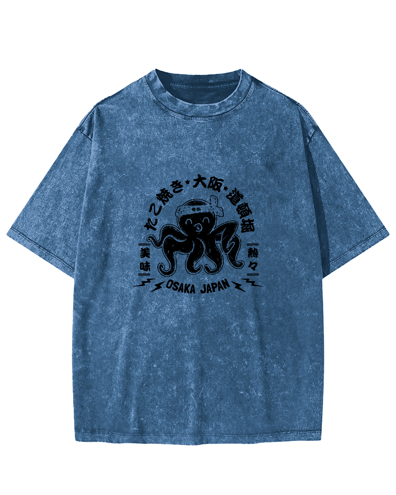 Japanese Script Octopus Pattern Vintage Distressed T-shirt-Zazasy