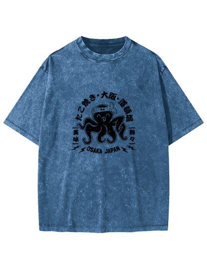 Japanese Script Octopus Pattern Vintage Distressed T-shirt-Zazasy