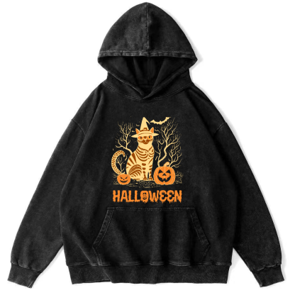 Halloween Cat Vintage Washed Hoodie-Zazasy