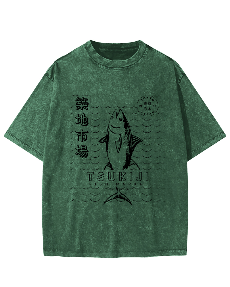 Tuna at Tsukiji Market in Tokyo, Japan Vintage Washed T-shirt-Zazasy