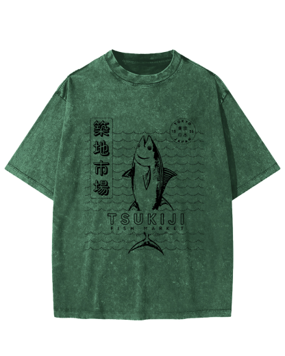 Tuna at Tsukiji Market in Tokyo, Japan Vintage Washed T-shirt-Zazasy