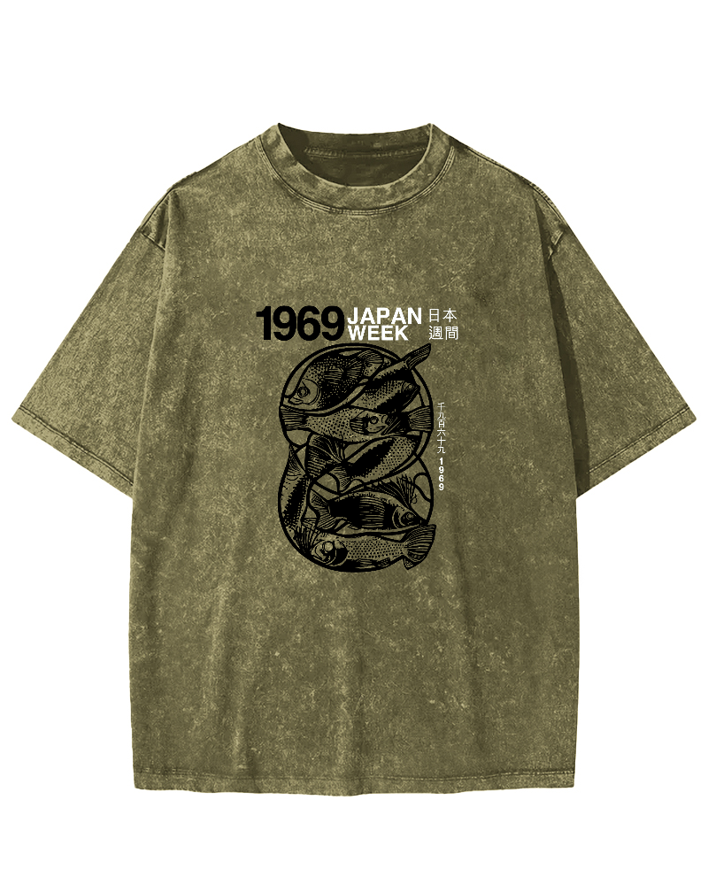 Japanese Script Fish Pattern Vintage Distressed T-shirt-Zazasy