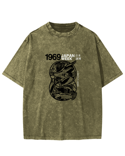 Japanese Script Fish Pattern Vintage Distressed T-shirt-Zazasy