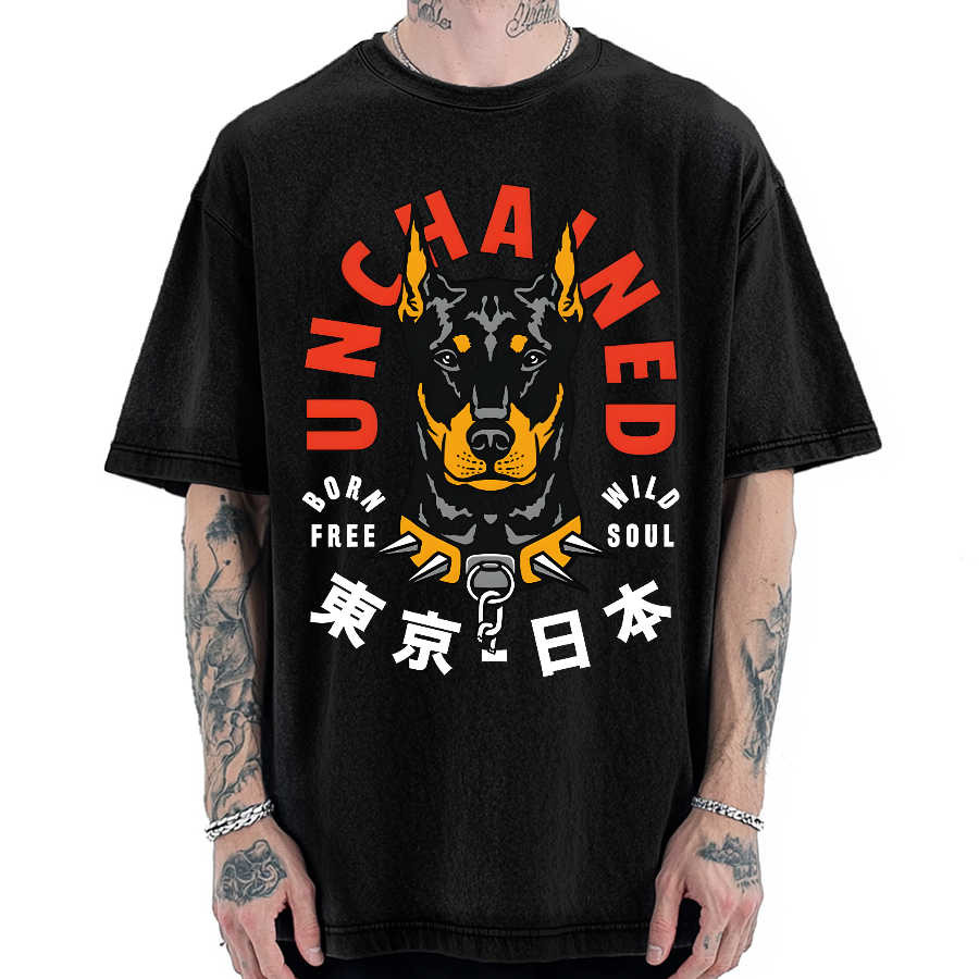 Doberman Pinscher Dog with Unchained Vintage Washed T-shirt