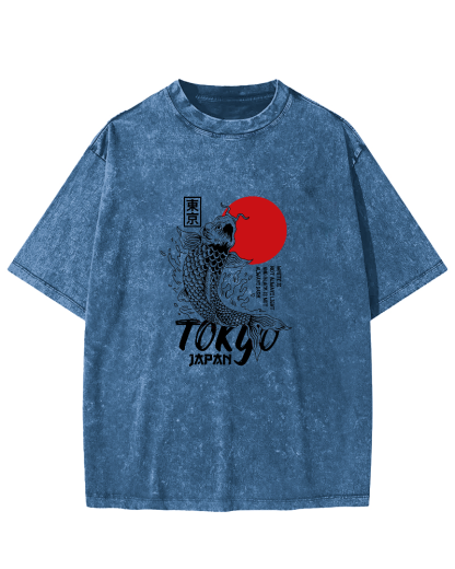 Tokyo Koi Pattern Vintage Distressed T-shirt-Zazasy