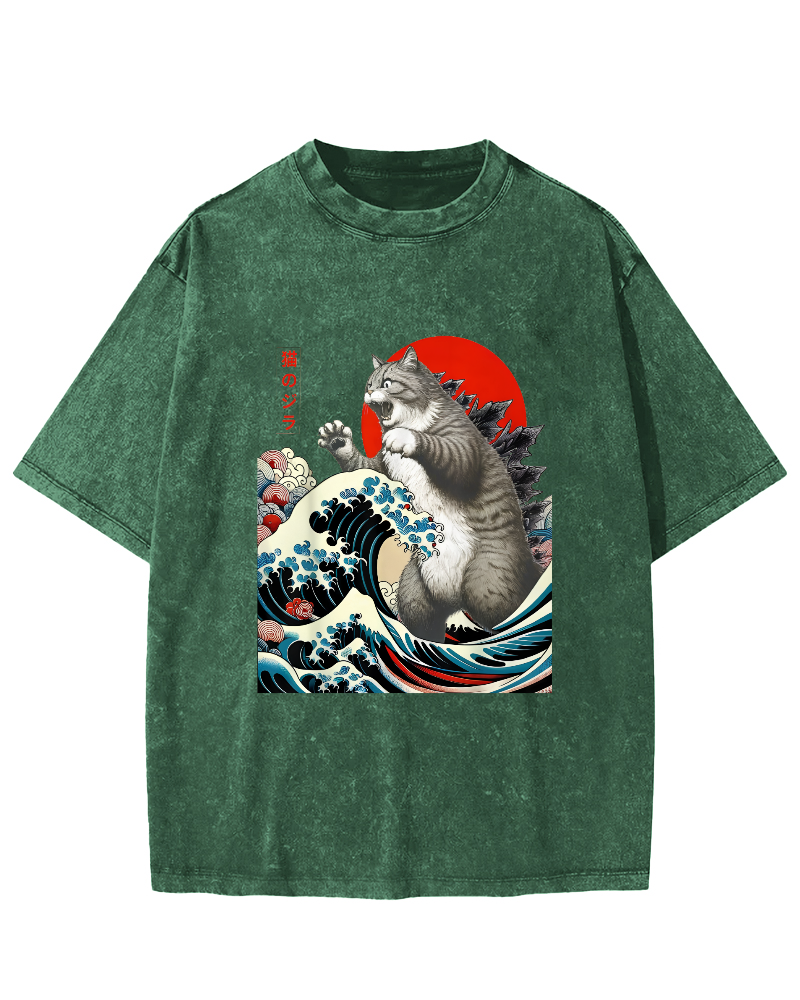 Catzilla Cat Japanese Art Vintage Distressed T-shirt-Zazasy