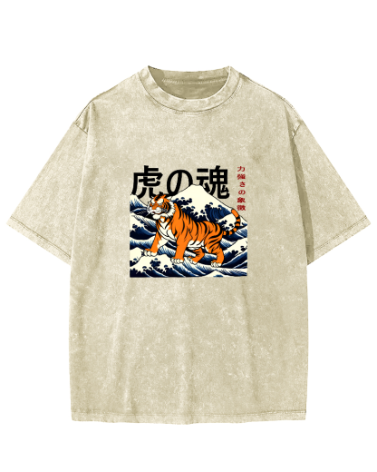 Japanese Tiger Soul Pattern Vintage Distressed T-shirt-Zazasy