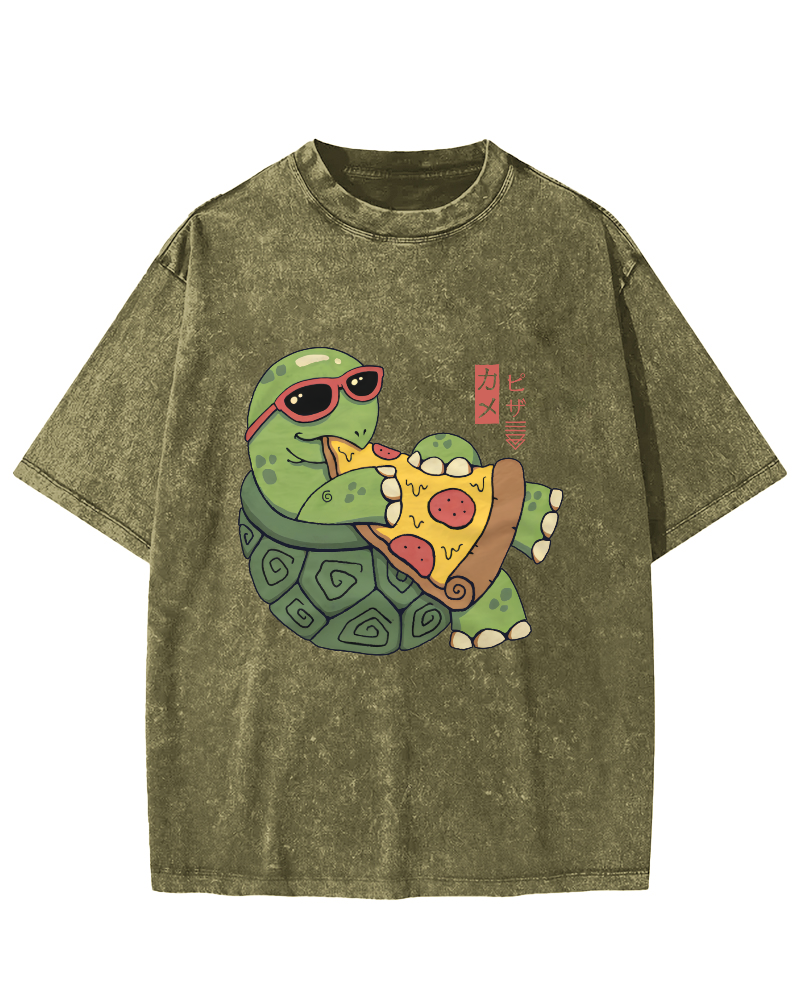 Turtle Japanese Style Pizza Lover Vintage Distressed T-shirt-Zazasy