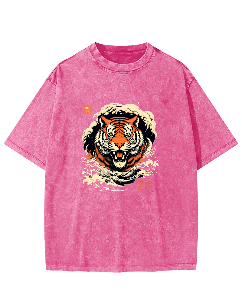 Japanese Tiger Head Pattern Vintage Distressed T-shirt-Zazasy