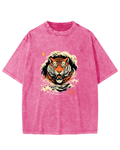 Japanese Tiger Head Pattern Vintage Distressed T-shirt-Zazasy