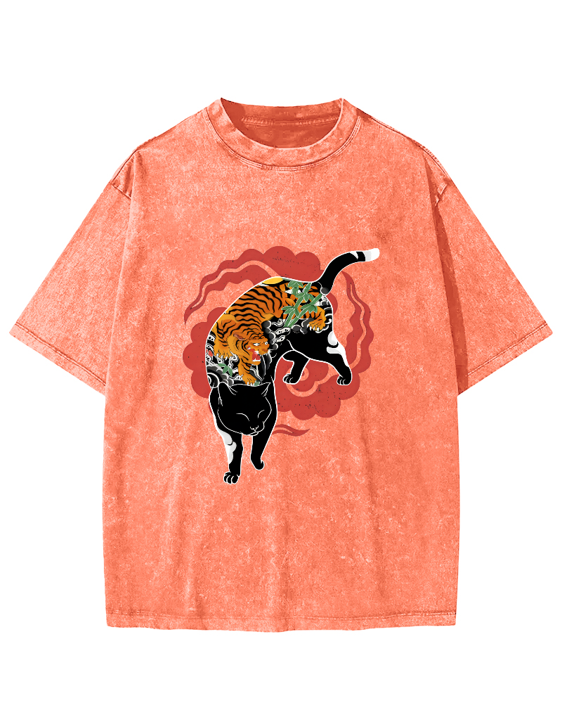 Tiger and Cat Pattern Vintage Distressed T-shirt-Zazasy