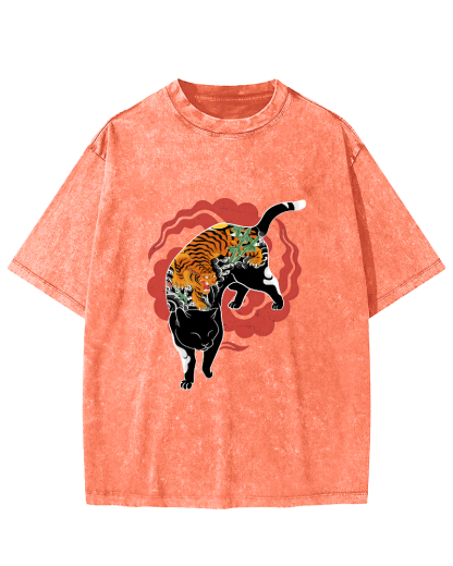 Tiger and Cat Pattern Vintage Distressed T-shirt-Zazasy