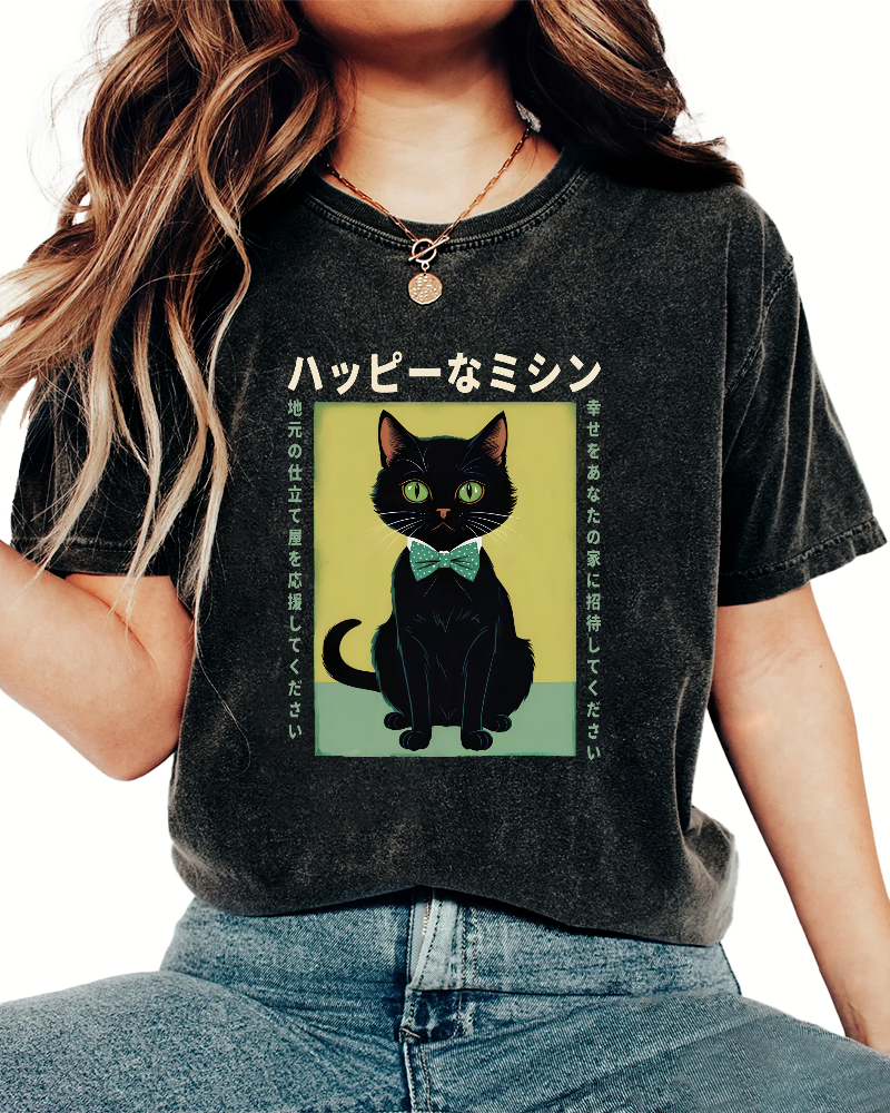 Cute kitten Japanese washed T-shirt-Zazasy