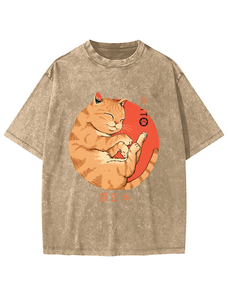Lazy Japanese Cat Vintage Distressed T-shirt-Zazasy