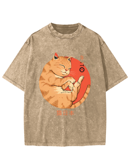 Lazy Japanese Cat Vintage Distressed T-shirt-Zazasy