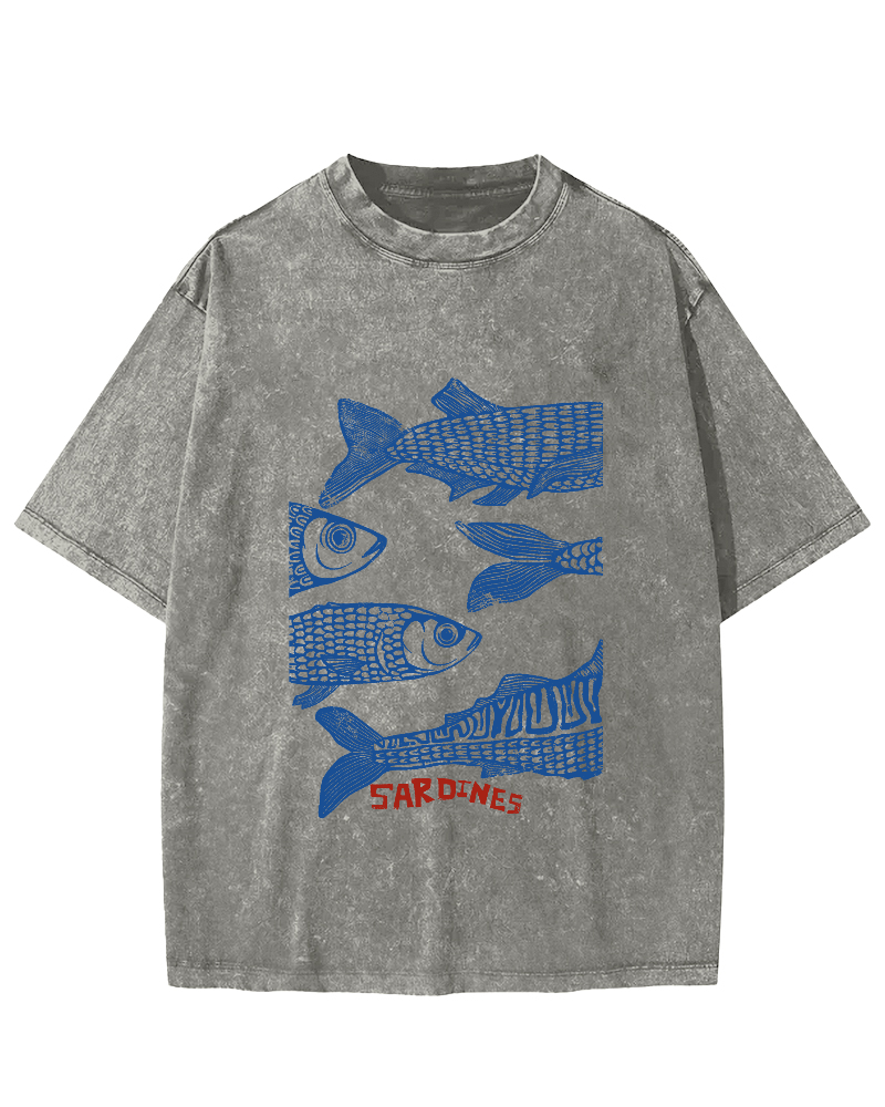 Retro Sea Fish Pattern Vintage Distressed T-shirt-Zazasy