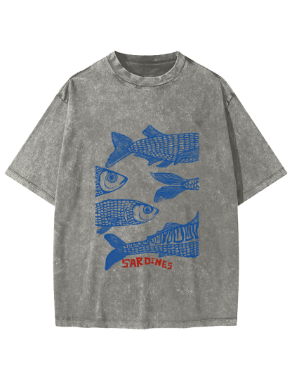 Retro Sea Fish Pattern Vintage Distressed T-shirt-Zazasy