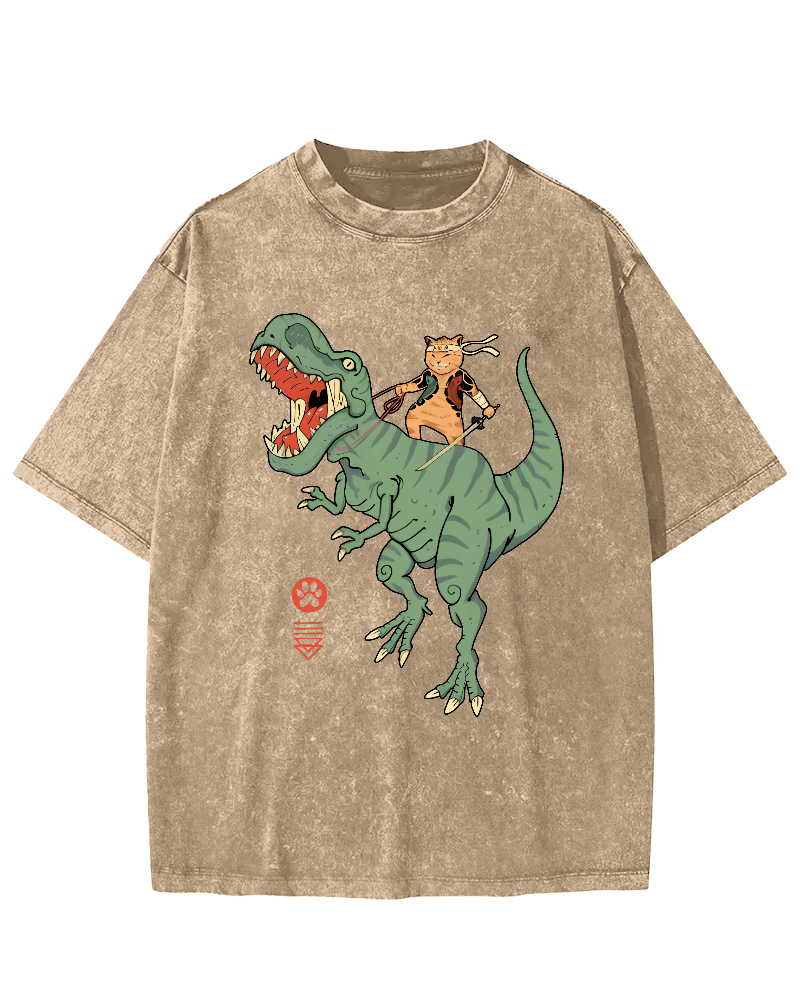 Japanese Style Warrior Cat Riding a Dinosaur Vintage Distressed T-shirt-Zazasy