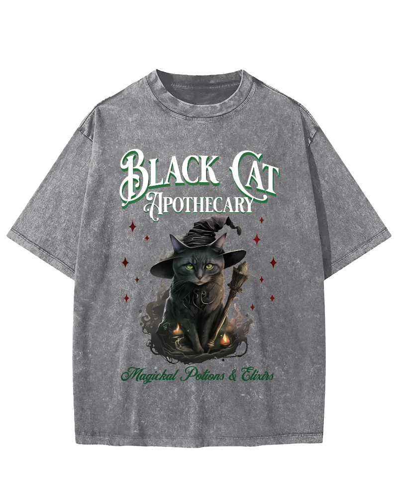 Black Cat Vintage Washed T-shirt-Zazasy