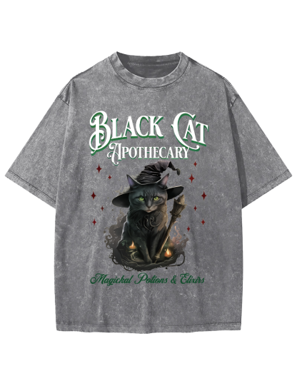 Black Cat Vintage Washed T-shirt-Zazasy