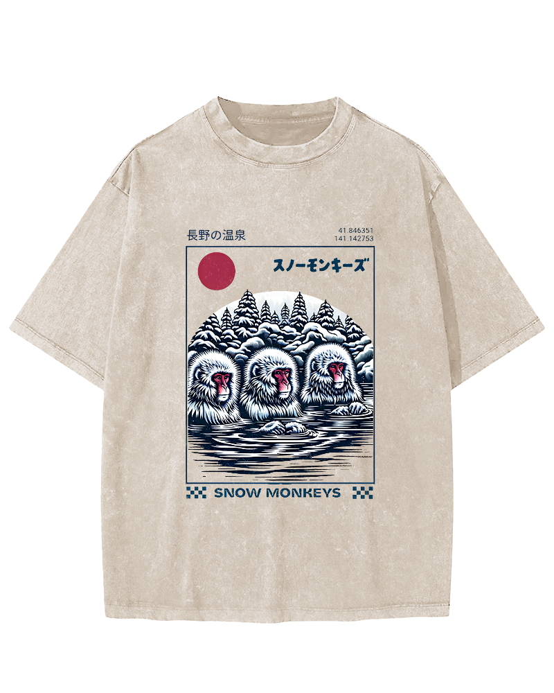Monkey Pattern In Hot Springs, Japanese Style Vintage Distressed T-shirt-Zazasy