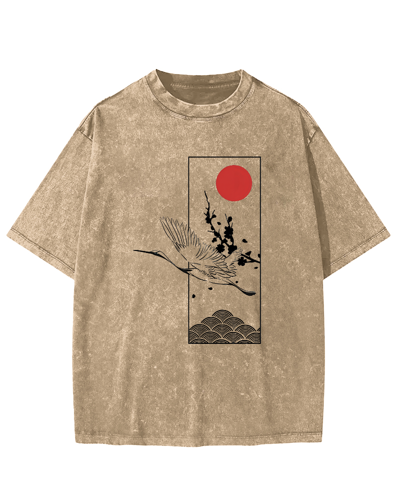 Japanese Sunrise Flying Crane Pattern Vintage Distressed T-shirt-Zazasy
