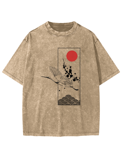 Japanese Sunrise Flying Crane Pattern Vintage Distressed T-shirt-Zazasy