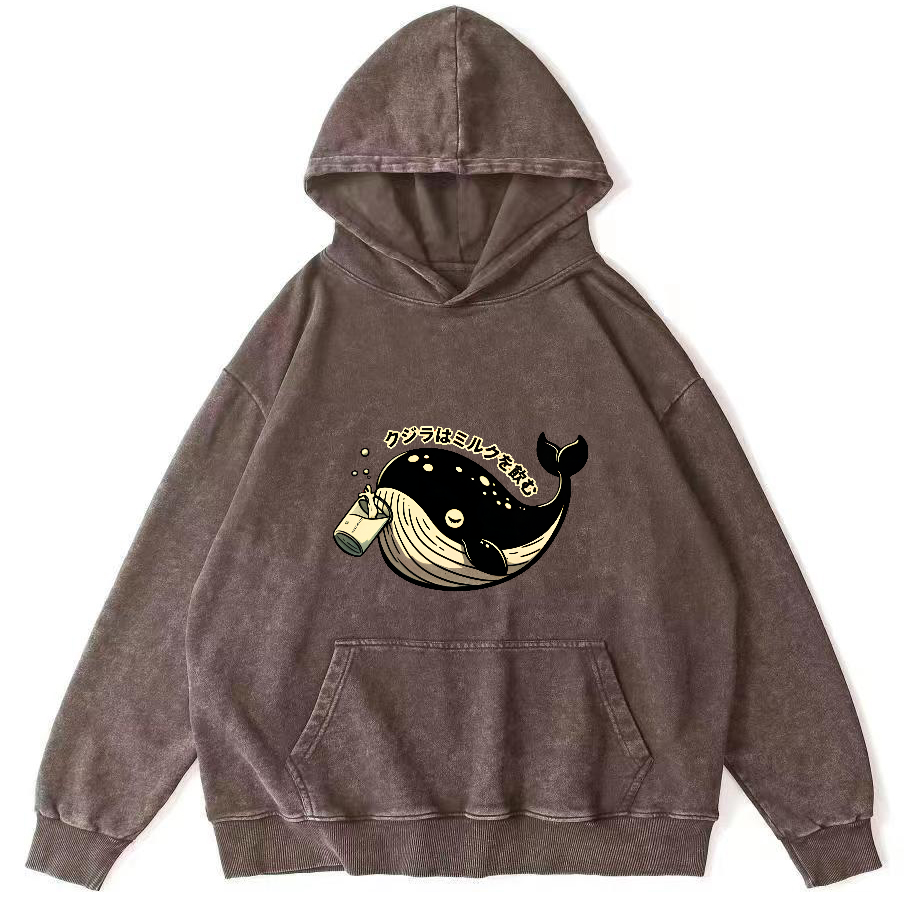Japanese Whale Pattern Vintage Distressed Hoodie-Zazasy