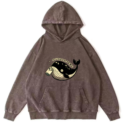 Japanese Whale Pattern Vintage Distressed Hoodie-Zazasy