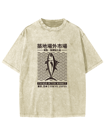 Japanese Tuna Pattern Vintage Distressed T-shirt-Zazasy