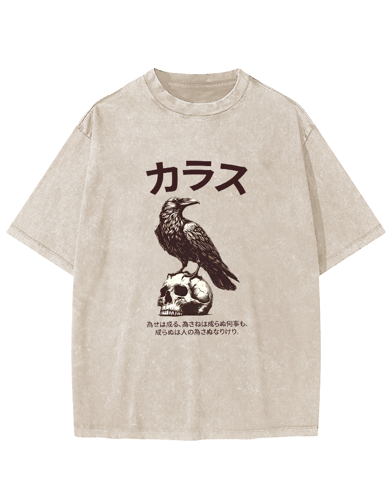 Retro Crow Pattern Japanese Style Vintage Distressed T-shirt-Zazasy