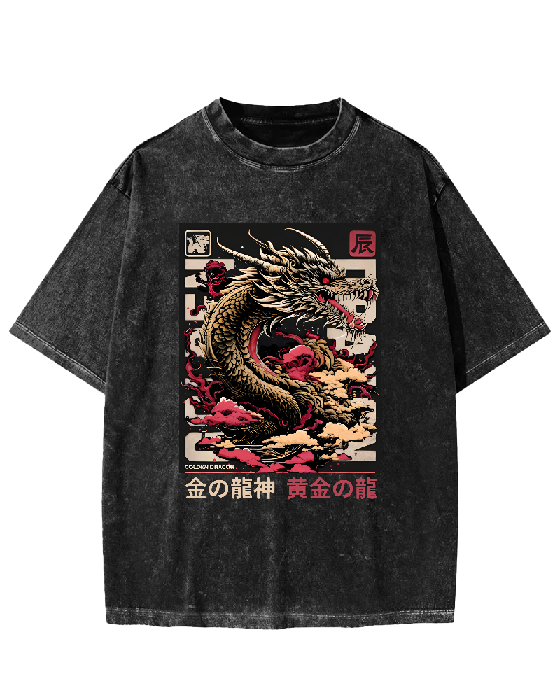 Golden Dragon Japanese Style Vintage Distressed T-shirt-Zazasy