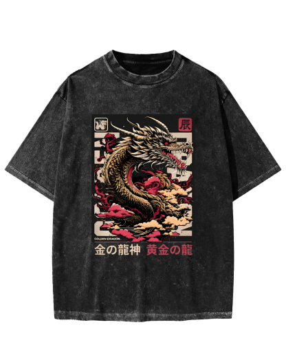 Golden Dragon Japanese Style Vintage Distressed T-shirt-Zazasy