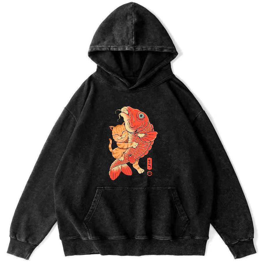 Cat Embracing Koi Fish Vintage Distressed Hoodie-Zazasy