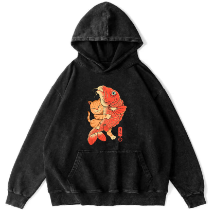 Cat Embracing Koi Fish Vintage Distressed Hoodie-Zazasy