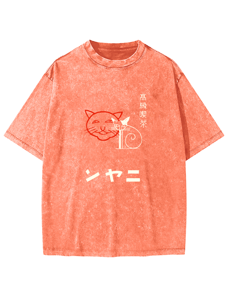Japanese Character Cat Pattern Vintage Distressed T-shirt-Zazasy