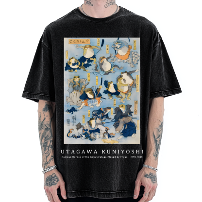 Utagawa Kuniyoshi Frogs Vintage Wash Japanese Design Vintage Washed T-shirt