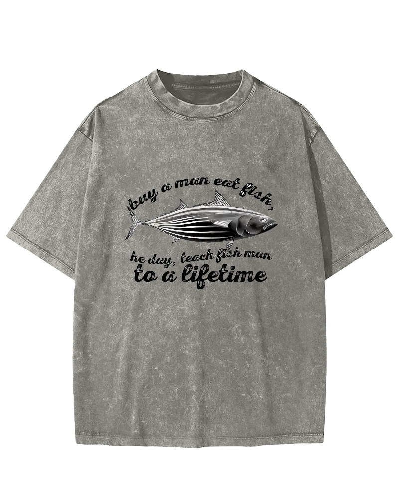 Sea Fish Pattern Vintage Distressed T-shirt-Zazasy