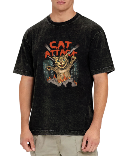 Japanese Cat Pattern Vintage Distressed T-shirt-Zazasy