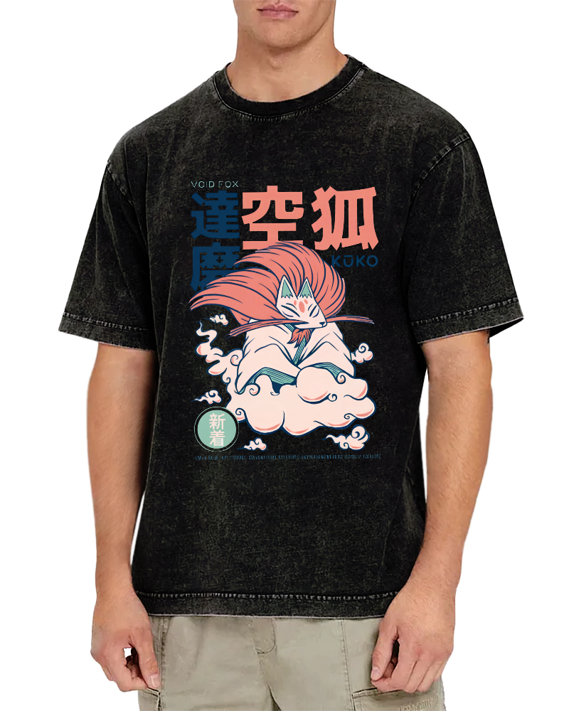 Japanese Abstract And Personalized Fox Pattern Vintage Distressed T-shirt-Zazasy